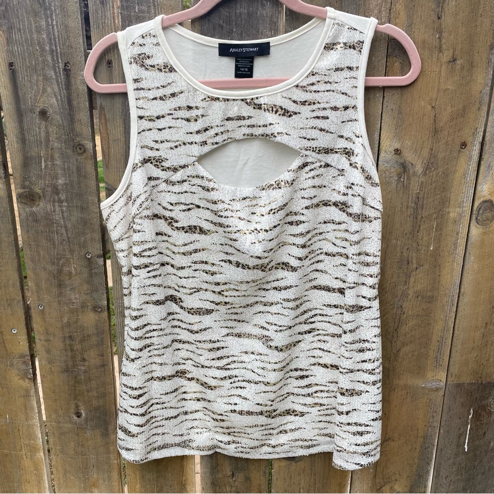 GUC Ashley Stewart Sequin Animal Print Peek A Boo Chest Blouse Sz. 14/16